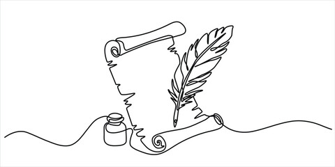 Scroll and feather line art vector illustration minimalist continuous drawing writing creativity literature vintage © Dosoroth Chandra