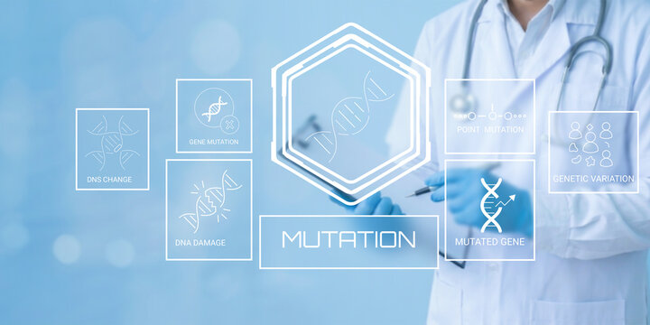 Scientist examining genetic mutation concepts with DNA helix and related terminology on digital interface