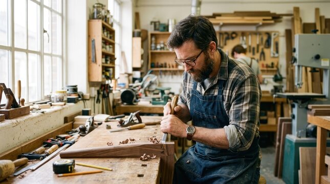 A man in a workshop, using a hammer and chisel, working on a wooden piece of furniture.