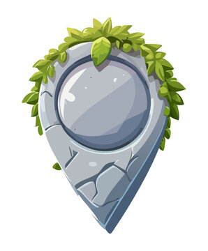 Oval stone waypoint marker with green moss jungle ruins exploration map navigation sign casual mobile game asset vector digital illustration icon