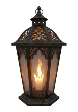 Decorative metal lantern with flame.