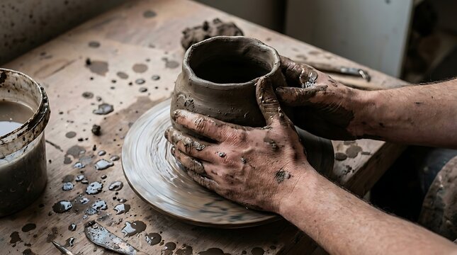 Authentic Pottery Crafting with Splattered Clay on Rustic Wood Table, pottery process, messy hands, clay texture, ceramic workshop