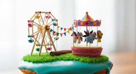 Fototapeta premium Miniature carnival rides adorn a decorated cake top with festive banners.
