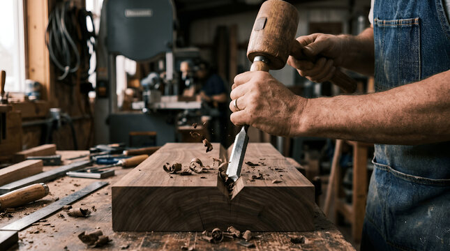 Hands carving wood with chisel and mallet in professional woodshop