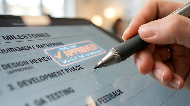 Closeup of a person using a digital stylus to sign off on a project milestone on a tablet screen with a digital approved stamp overlay imagine studio