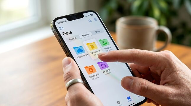 Closeup of a person using the files app on an iphone imagine studio