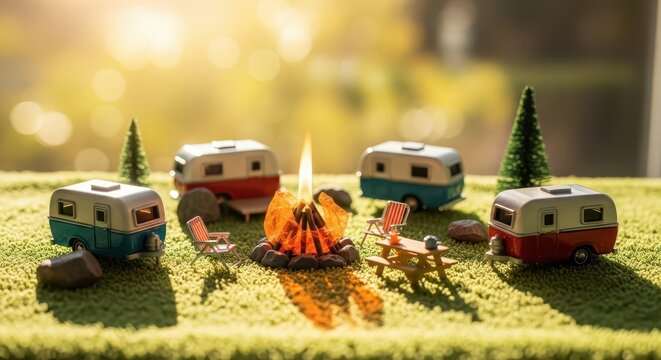 Miniature camping scene features small recreational vehicles arranged around a glowing campfire on a grassy surface.