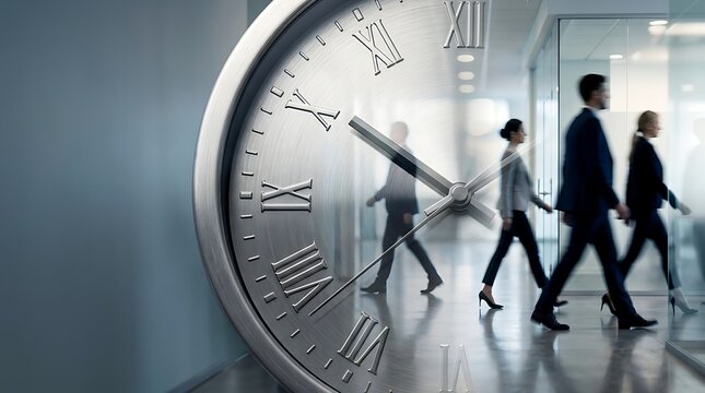 Conceptual image of a large clock face overlaying a busy office hallway with professionals walking by, symbolizing time management and business efficiency imagine studio