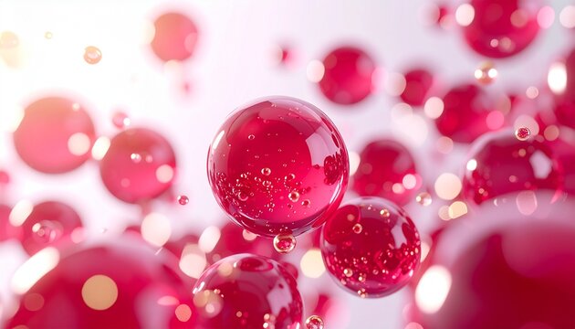 アスタキサンチンやポリフェノールを思わせる濃密な赤い美容液成分が浮遊する、ツヤ肌とハリ感を表現した美容背景 ジェネレーティブAI

