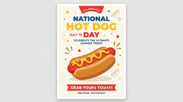 National Hot Dog Day poster, hot dog illustration, food celebration, American culture