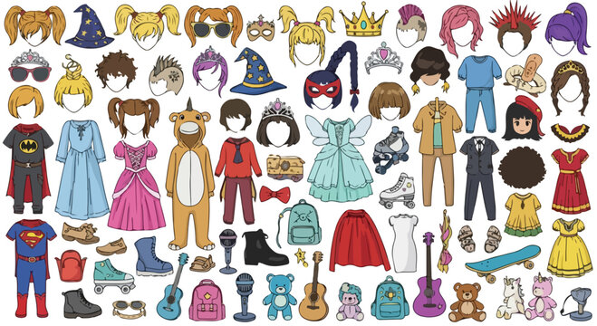 Cartoon dress up kit with character costumes and hairstyles, colorful paper doll clothing set, creative avatar creator vector elements for kids
