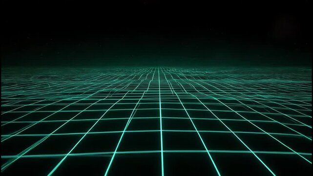 A mesmerizing digital landscape features a glowing turquoise grid stretching into the infinite darkness, evoking a sense of futuristic virtual reality and boundless possibility.