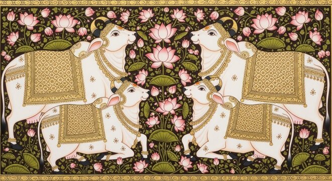 Traditional Indian Miniature Painting of Sacred Cows Adorned with Lotus Flowers.