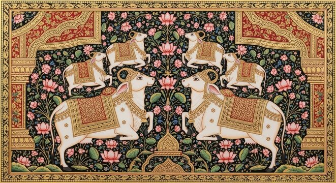 Traditional Indian Miniature Painting of Sacred Cows Adorned with Ornate Decorations.
