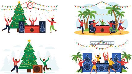 Obraz premium Festive Party Vector Set with DJs, Dancing People, Christmas and Tropical Decorations, Lights, Music, and Celebration Illustration