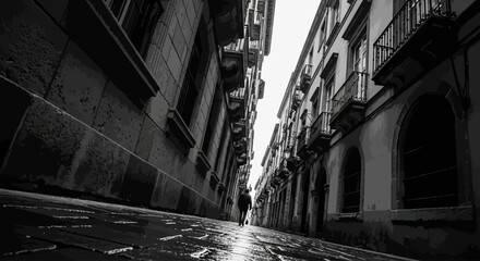 Naklejka premium Black and white photo of a narrow wet cobblestone street between tall buildings.