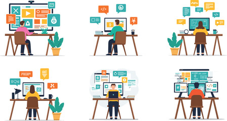 Fototapeta premium Flat Vector Illustration Set of Software Programmers and Web Developers Working at Desks for Coding and Digital Workspace