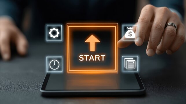 Businessman finger pressing start button on tablet screen with digital icons for process, time, money, and documents, concept of project initiation and workflow