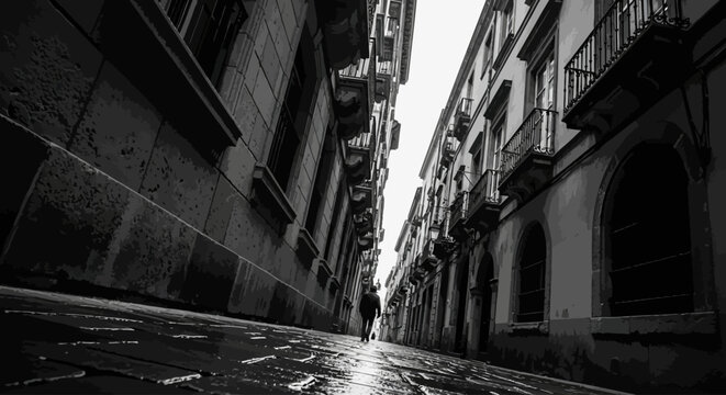 Black and white photo of a narrow wet cobblestone street between tall buildings.