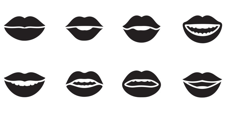 Collection of eight black vector icons illustrating various lip configurations, including open mouths showing teeth, against white backdrop.