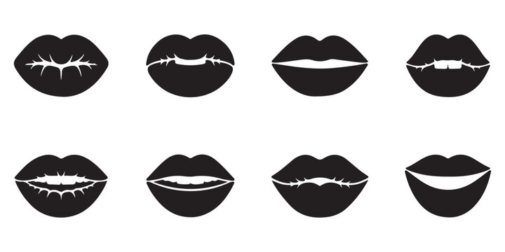 Group of eight black vector illustrations featuring various lip textures and expressions, with details like lip lines, on white background.