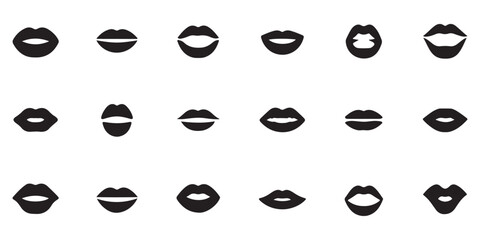 Set of black lips icons, collection of mouth symbols on white background, different lip shapes and expressions, vector illustration. © MONSUR.99
