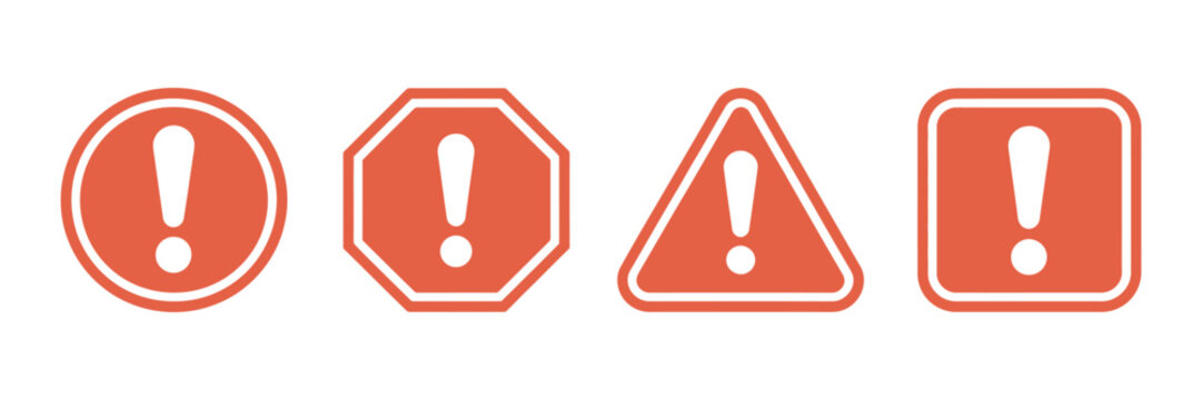 Caution warning icon collection with exclamation symbols, hazard alerts, system error signs, scam warning indicators, and modern vector pictograms for digital safety