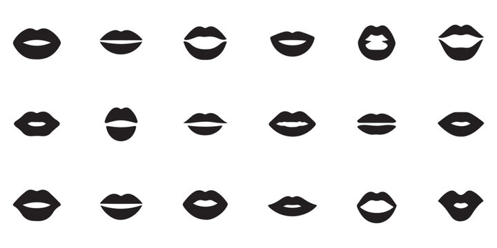 Set of black lips icons, collection of mouth symbols on white background, different lip shapes and expressions, vector illustration.
