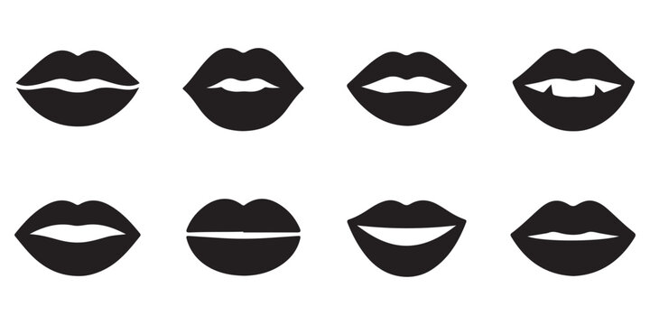 Set of eight black vector icons depicting various lip shapes and expressions on a clean white background, ideal for design elements.