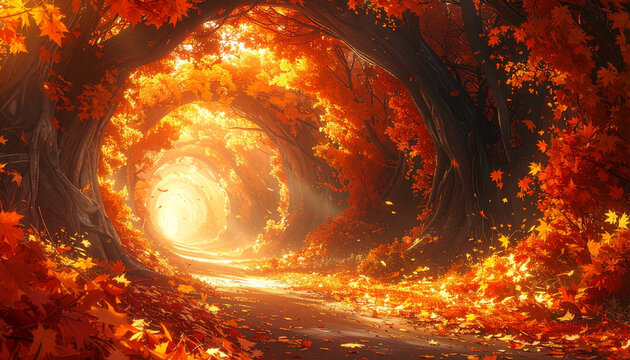 A magical autumn forest path glowing with warm light, surrounded by vibrant orange and red leaves creating a natural tunnel.