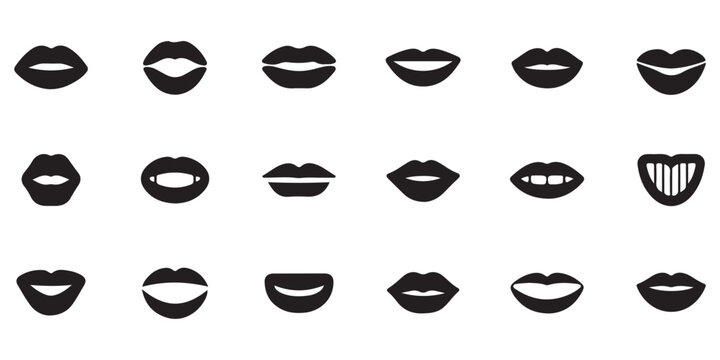 Set of black lips icons, collection of mouth symbols on white background, different lip shapes and expressions, vector illustration.