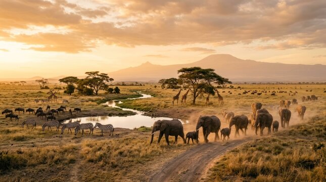 A herd of elephants and zebras crossing a dirt road at sunset with a mountain range in the background.