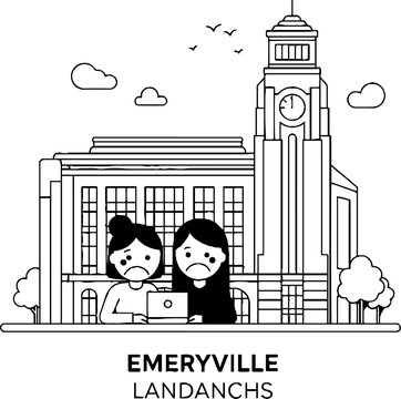 Sad people using laptop at city hall landmark