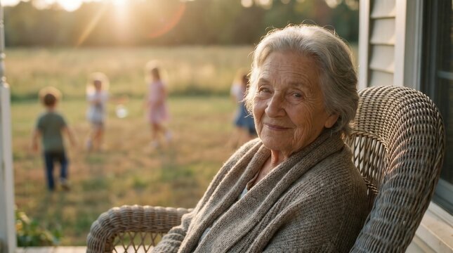 Happy senior grandmother sitting on a porch at sunset. Peaceful retirement and multi-generational family life concept.