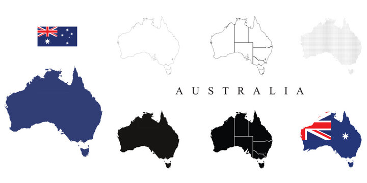 Australia Map Vector Set &ndash; Outline, States, Silhouette and Flag Map Collection EPS