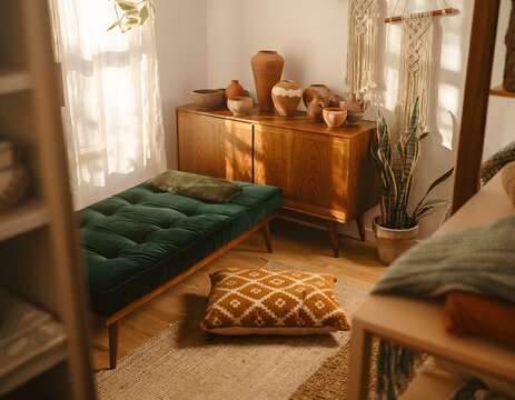 A vibrant yet tranquil elevated view captures a carefully curated bohemian lounge featuring midcentury furniture, earthy pottery, and soft green velvet textures in a sunlit living space setting.