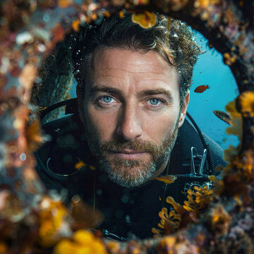 Portrait of male scuba diver looking through underwater porthole