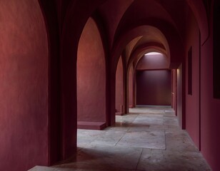 Obraz premium An elegant series of receding architectural archways in a historic building reinterpretation showcasing bold crimson tones and rhythmic light patterns across a weathered stone floor corridor.