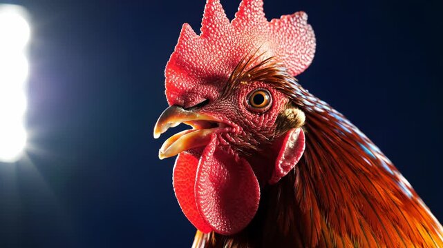 Profile of a rooster with vibrant red comb and feathers