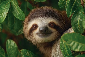 Fototapeta premium Adorable tree sloth nestled among lush green leaves