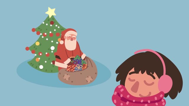 Animation of santa claus with gift bag next to christmas tree and sleeping girl wearing winter scarf.