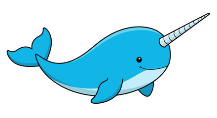 Cute Cartoon Narwhal Whale Swimming with Tusk, Ocean Mammal © hakim
