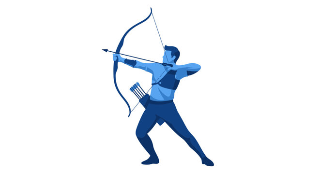 Archer aiming bow and arrow, blue silhouette, sport, competition, precision