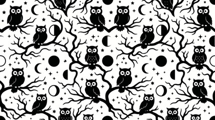 Repeating Black Cat Silhouette Pattern with Whimsical Felines. © pixmastock