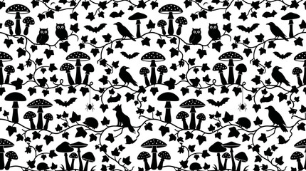 Obraz premium Seamless pattern of black mushroom silhouettes forming a dense woodland motif.