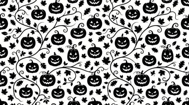 Halloween Pumpkin Pattern with Grinning Jack-o'-lantern Faces on White Background.