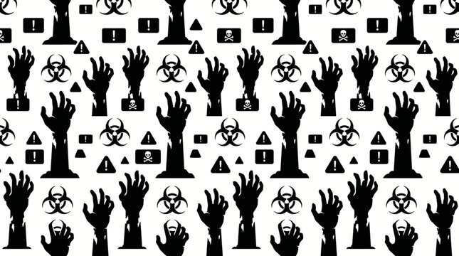 Monochrome pattern of raised hands and icons forming a repeating design.