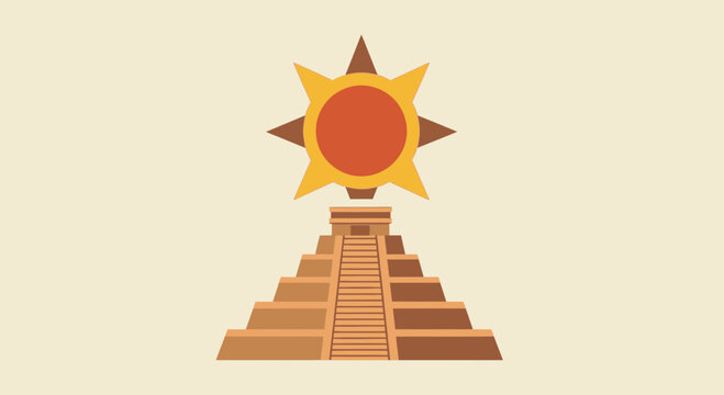 Ancient Aztec Pyramid with Stylized Sun Symbol Above
