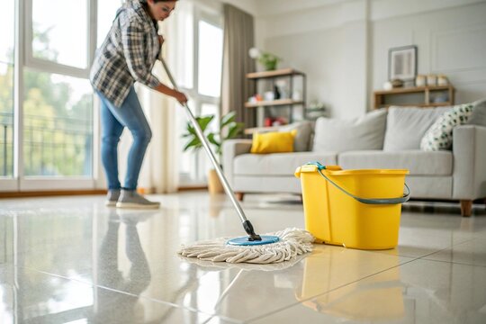 Woman mops polished floor with yellow bucket nearby