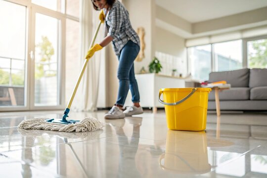 Woman mops shiny floor with yellow bucket nearby